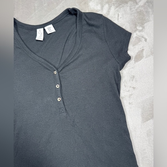 Joie Pima Cotton Blend Black Ribbed Henley Stretchy Short Sleeve Top Size M - Picture 3 of 12